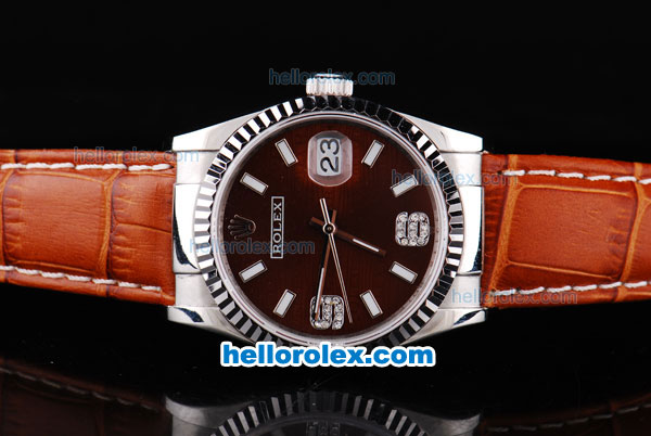 Rolex Datejust Automatic with Dark Red Dial and White Bezel and Case-Diamond Marking-Small Calendar-Brown Leather Strap - Click Image to Close